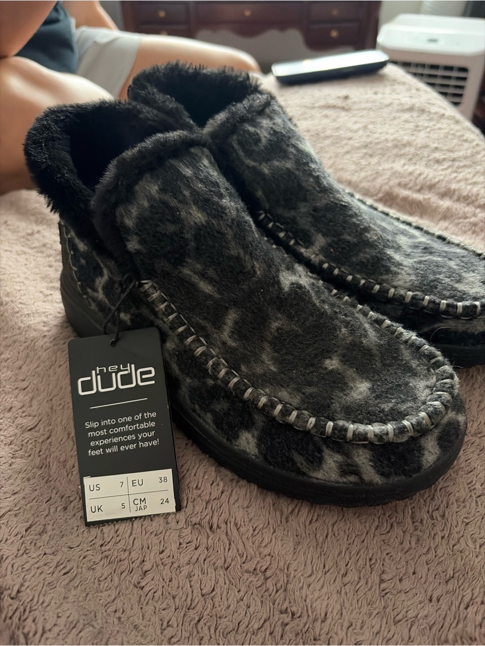 hey dude Black and Gray Faux-Fur Moccasin Slippers